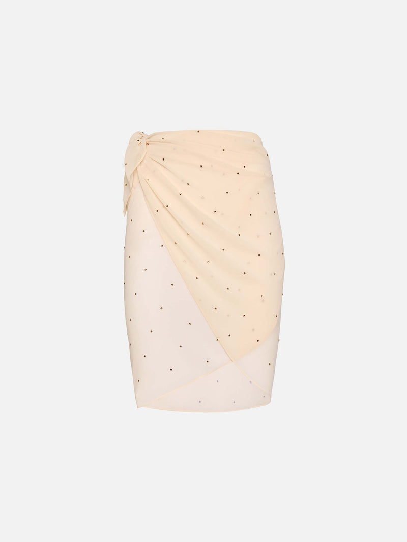 Sery short pareo in georgette bianco panna con decorazioni di strass