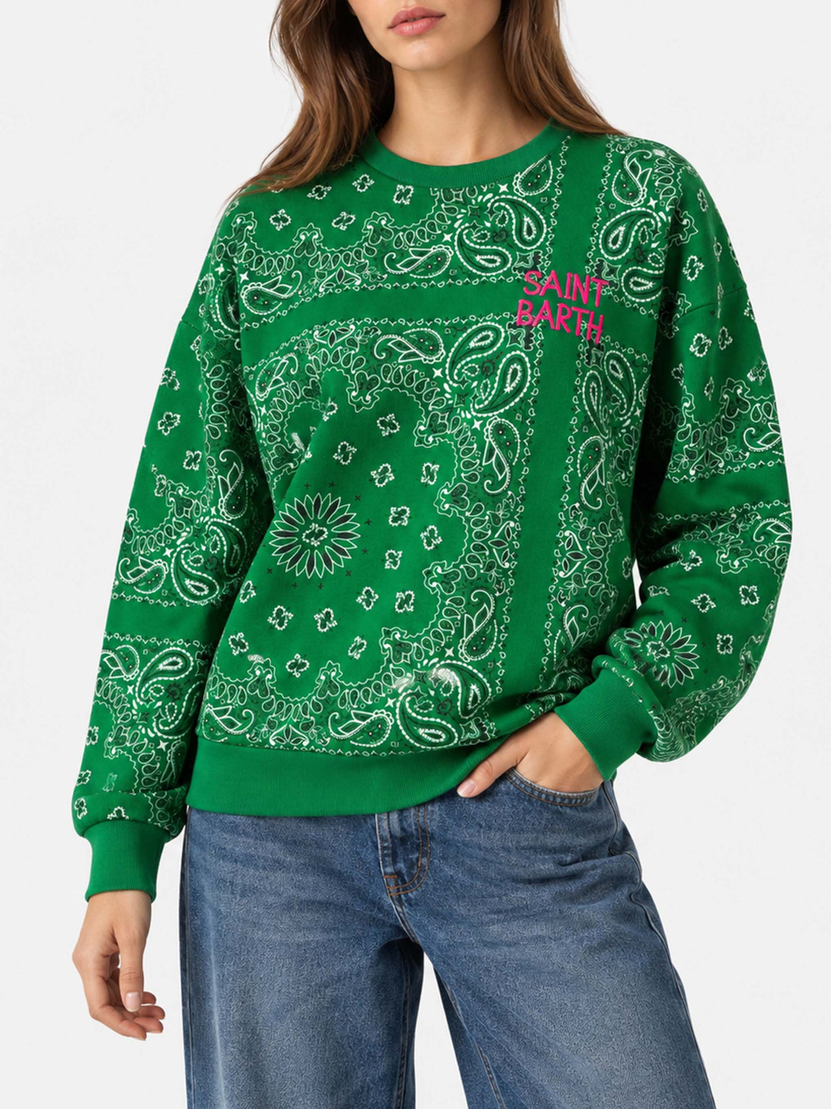 Grünes Baumwoll-Sweatshirt Green Stardust mit Bandana-Print 