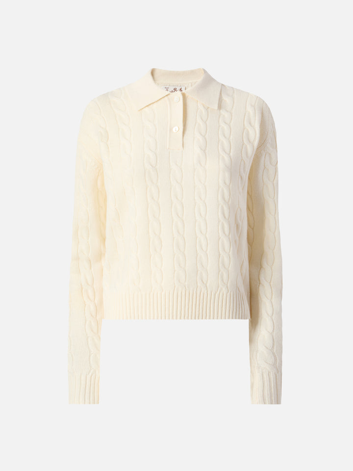 Savoy soft-touch cable-knit merino wool polo sweater in white