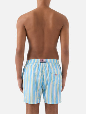 Syros swim shorts with light blue striped pattern and logo embroidery