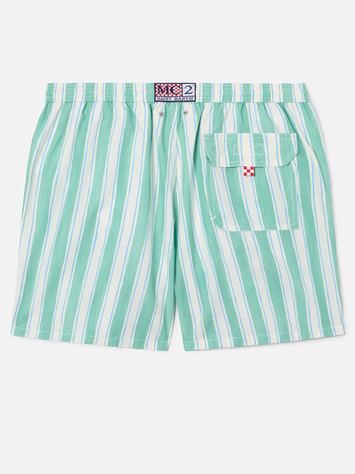 Syros swim shorts with green striped pattern and logo embroidery