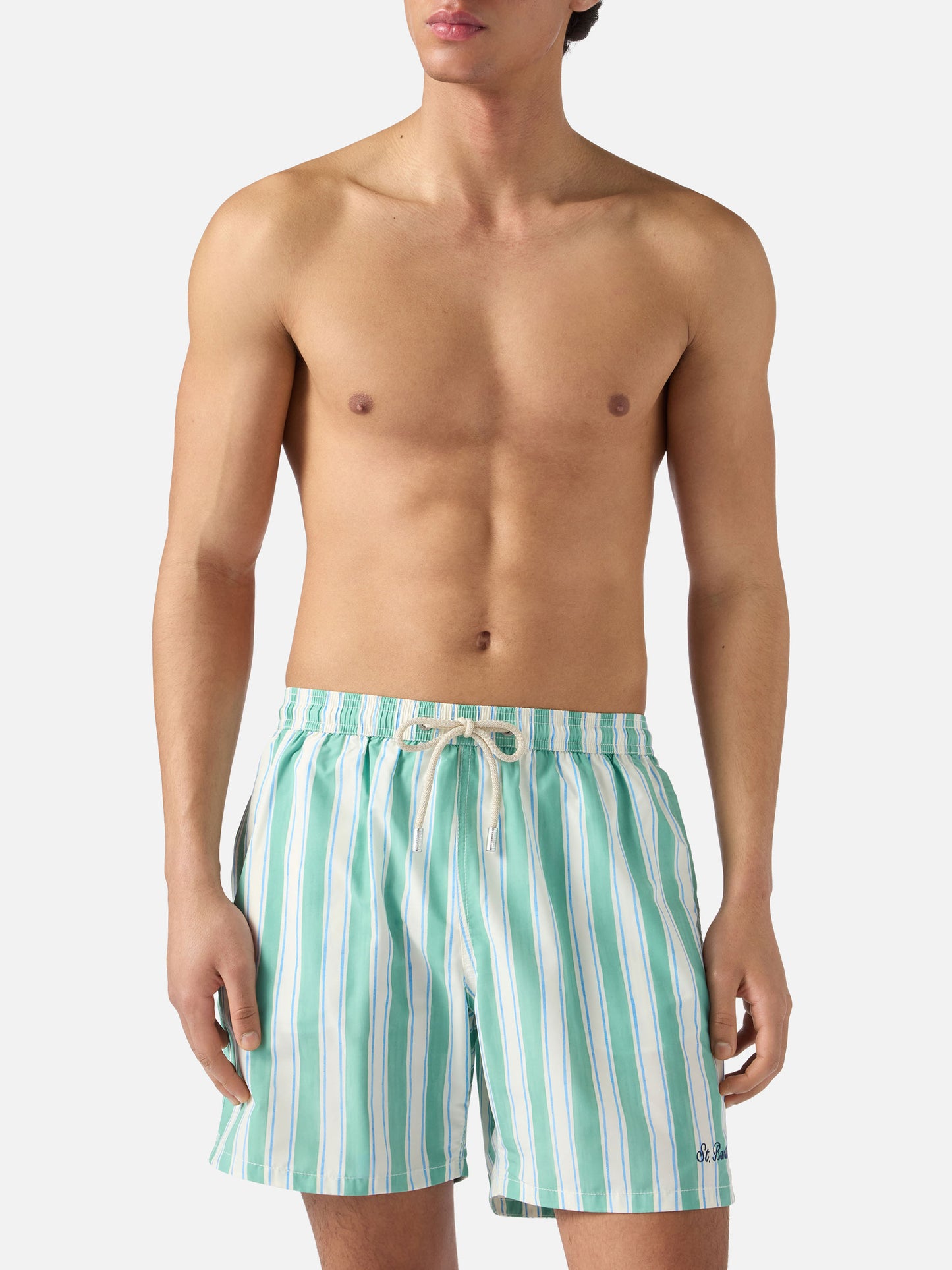 Costume mare Syros a righe verdi con ricamo logo