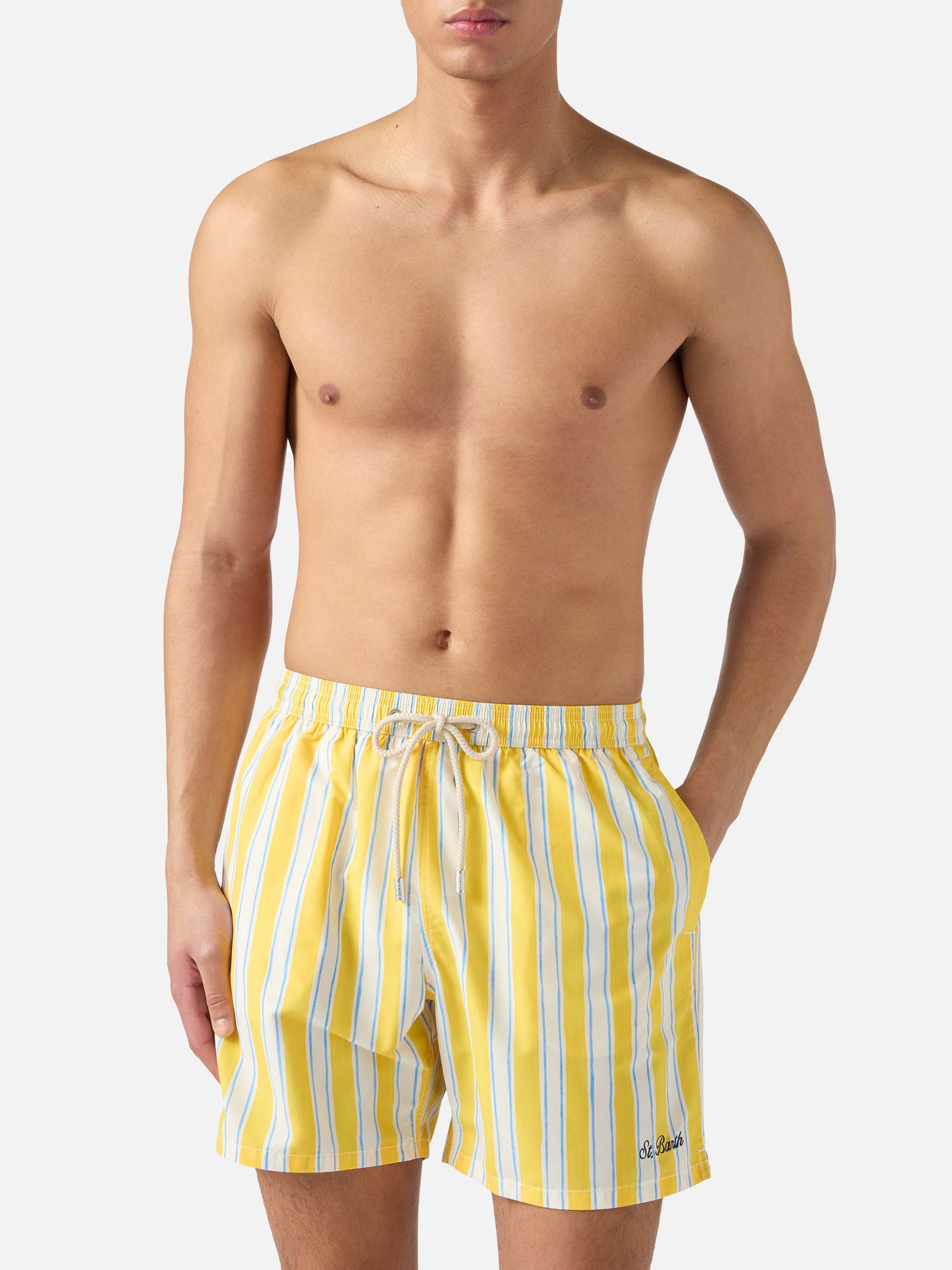 Syros swim shorts with yellow striped pattern and logo embroidery