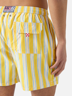Syros swim shorts with yellow striped pattern and logo embroidery