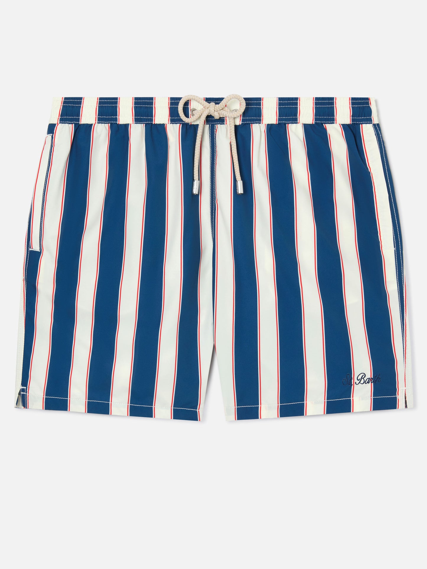 Syros swim shorts with blue striped pattern and logo embroidery