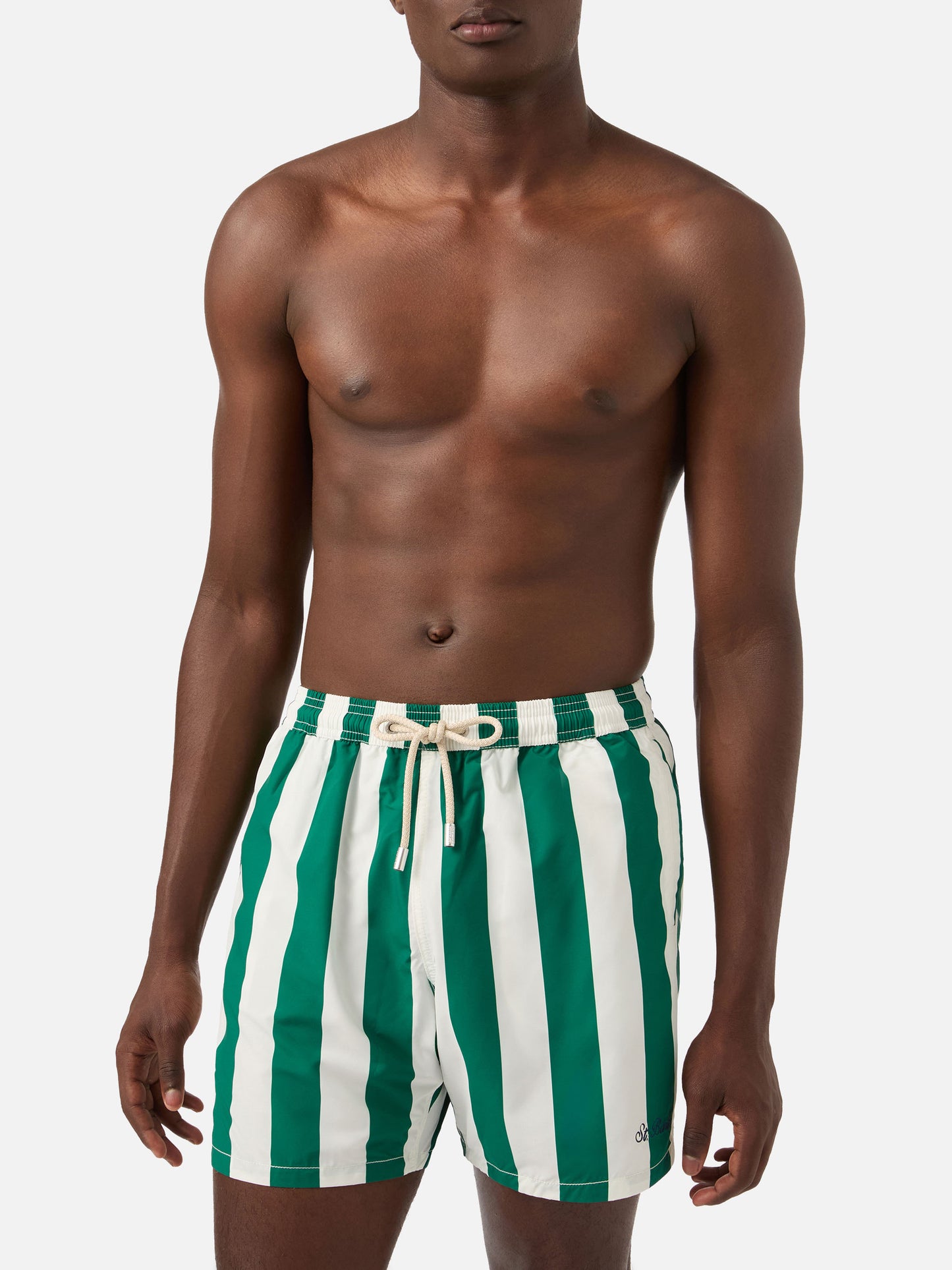 Costume mare Syros a righe bianche e verde inglese
