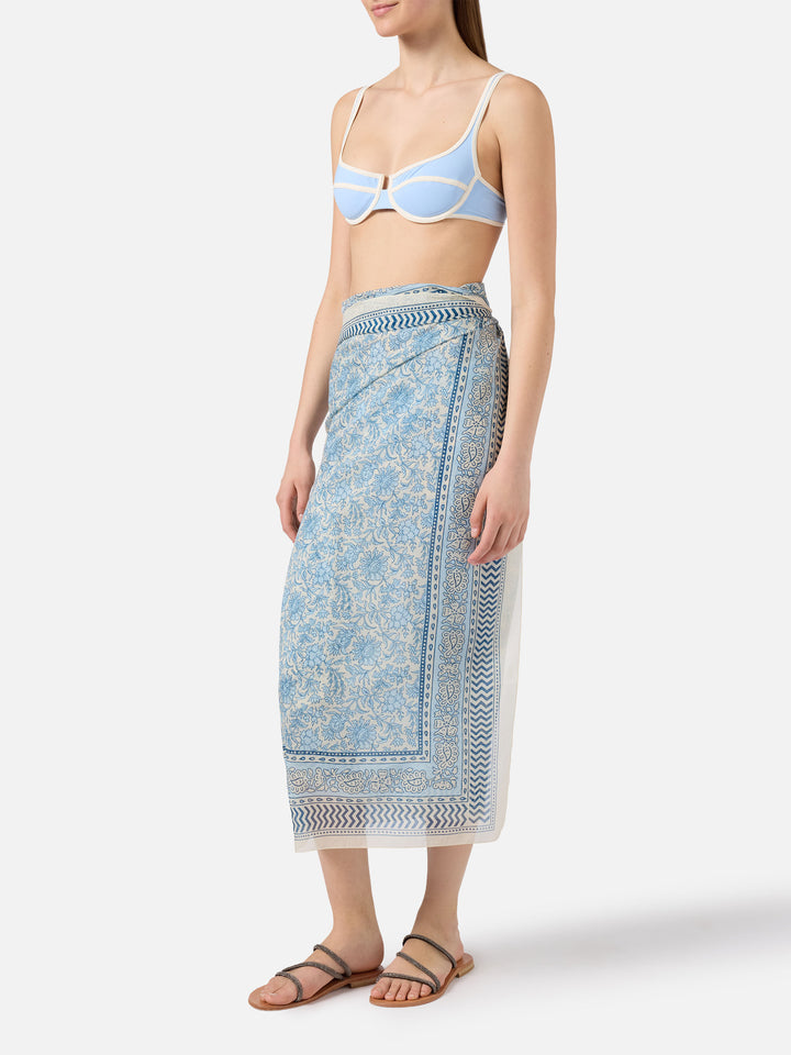 Pareo lungo Thaiti misto seta con stampa batik floreale