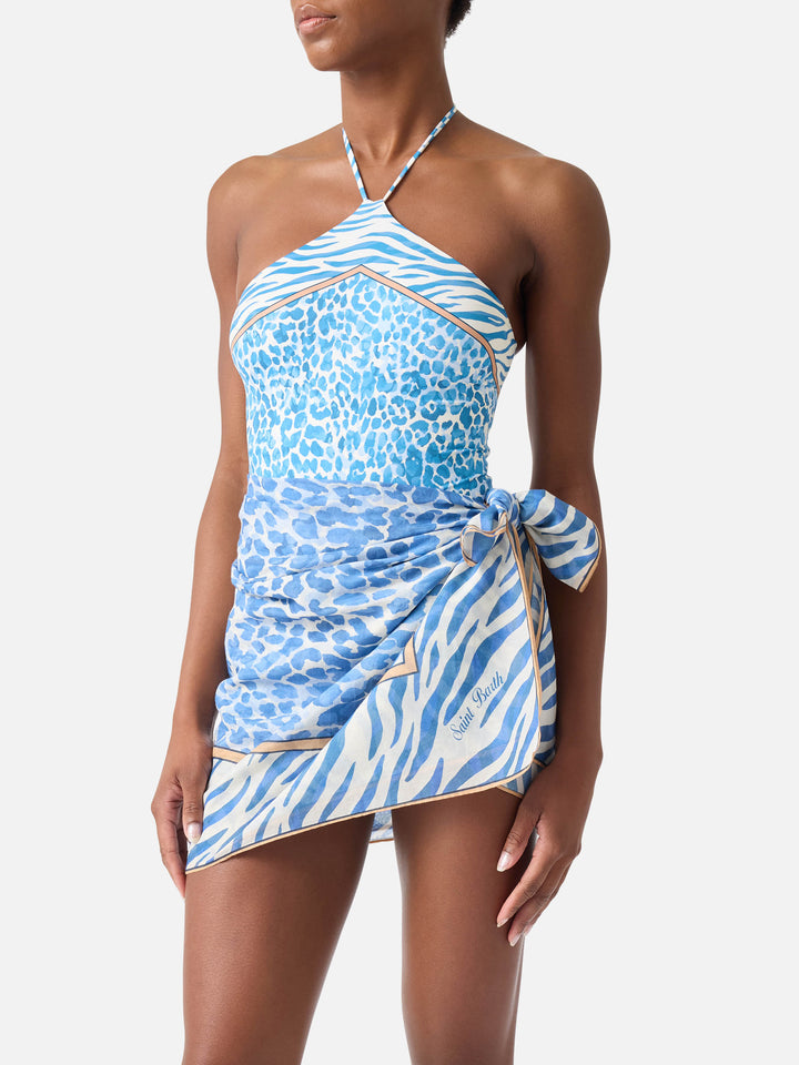 Thaiti long pareo in silk blend with leopard animal print