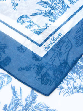 Paréo long Thaiti en mélange de soie avec imprimé toile de Jouy bleu 