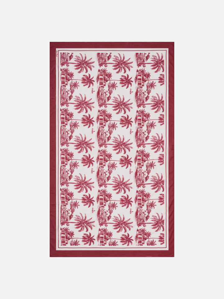 Langer Thaiti-Pareo aus Seidenmischung mit burgunderfarbenem Toile-de-Jouy-Print 
