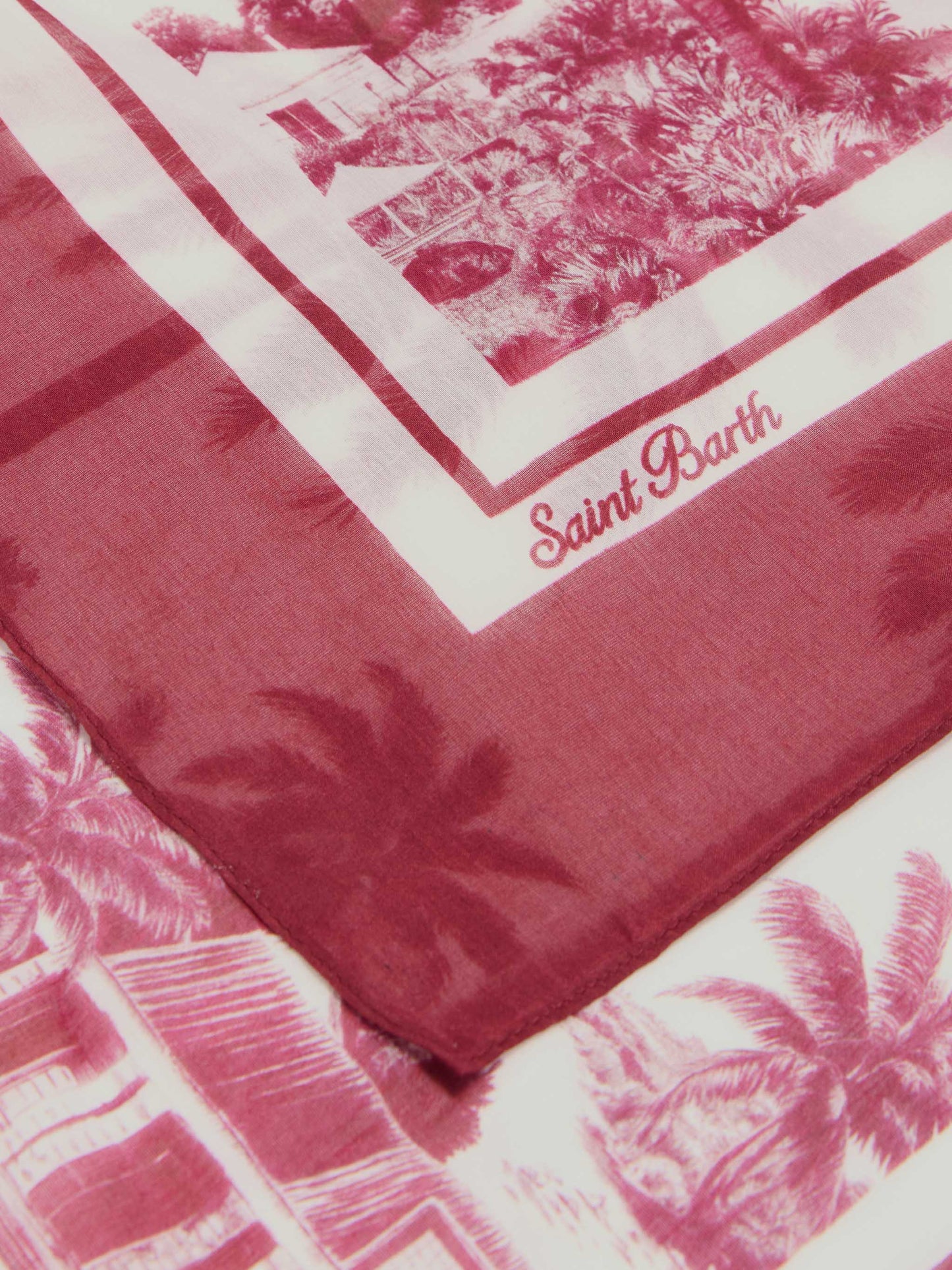 Langer Thaiti-Pareo aus Seidenmischung mit burgunderfarbenem Toile-de-Jouy-Print 