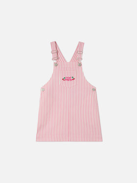 Vestito salopette Tecla Jr in denim a righe rosa con ricamo