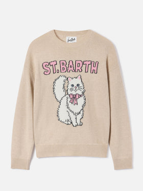 Maglia girocollo Tessa beige in misto lana e cashmere con intarsio gattino