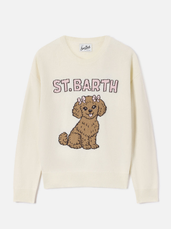 Jersey de cuello redondo Tessa color blanco roto en mezcla de lana y cachemira con intarsia de caniche 