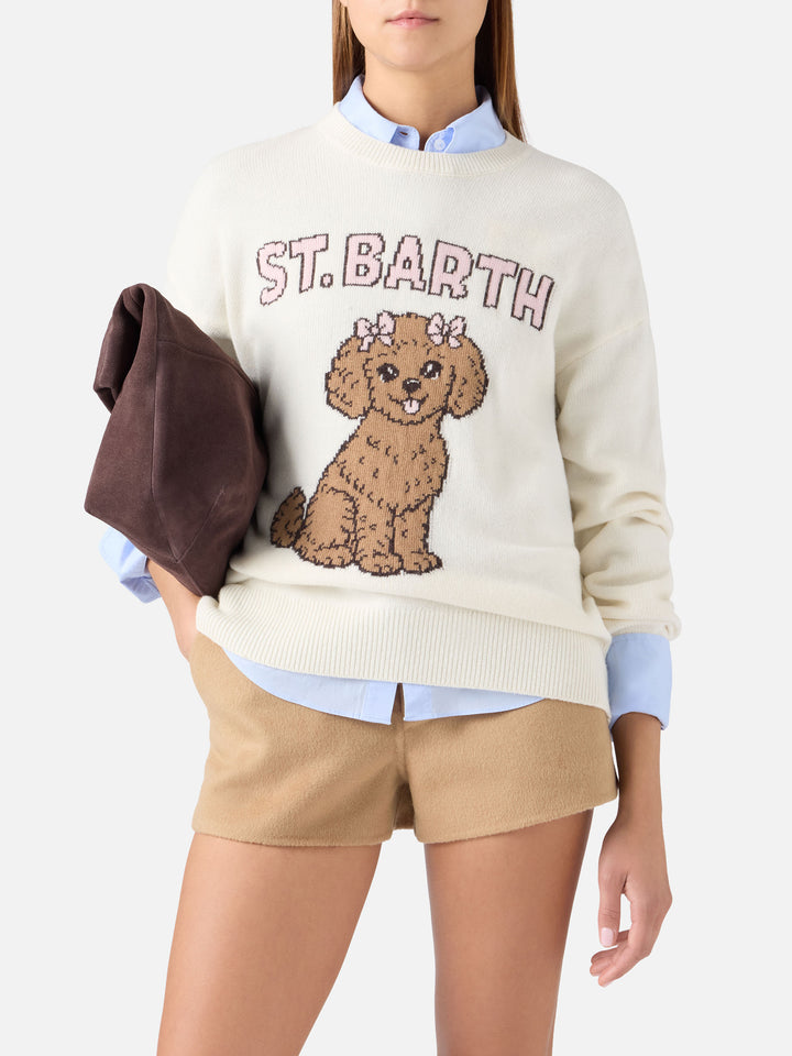 Jersey de cuello redondo Tessa color blanco roto en mezcla de lana y cachemira con intarsia de caniche 