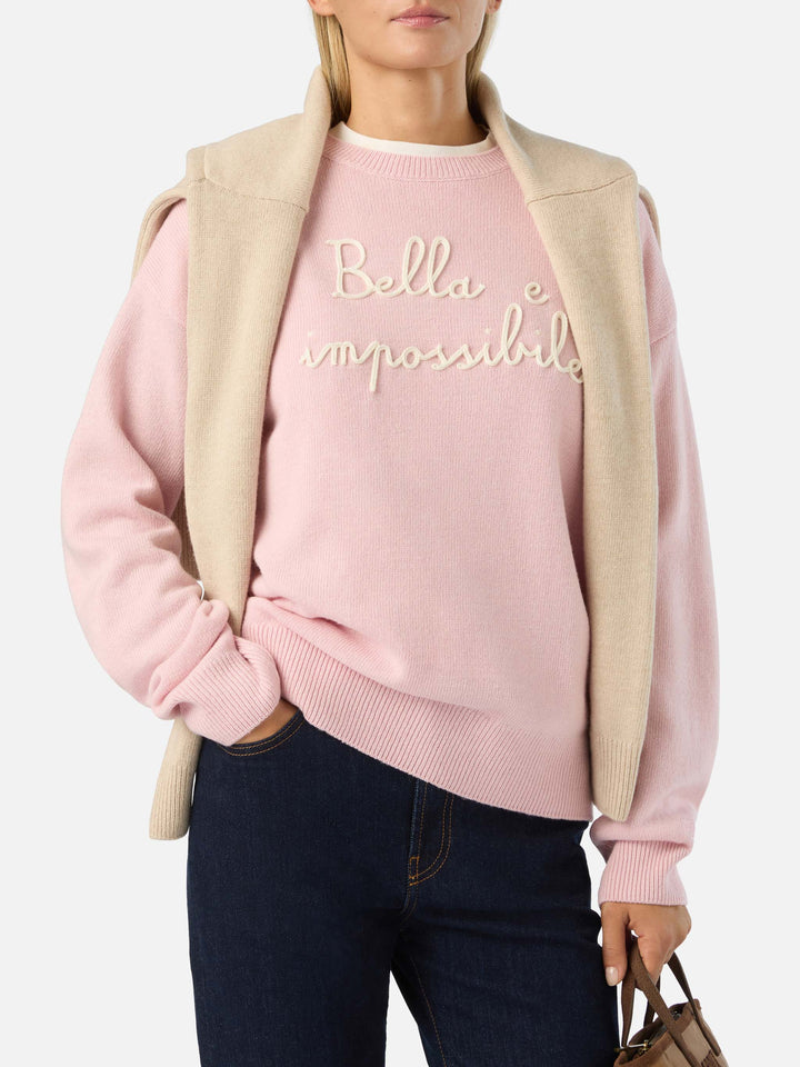Pull ras-du-cou en maille Pink Tessa en mélange de laine et cachemire avec broderie Bella E Impossibile 