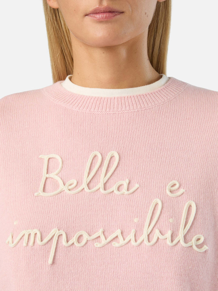 Pull ras-du-cou en maille Pink Tessa en mélange de laine et cachemire avec broderie Bella E Impossibile 