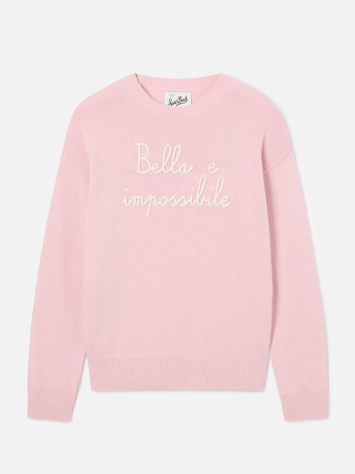 Pull ras-du-cou en maille Pink Tessa en mélange de laine et cachemire avec broderie Bella E Impossibile 