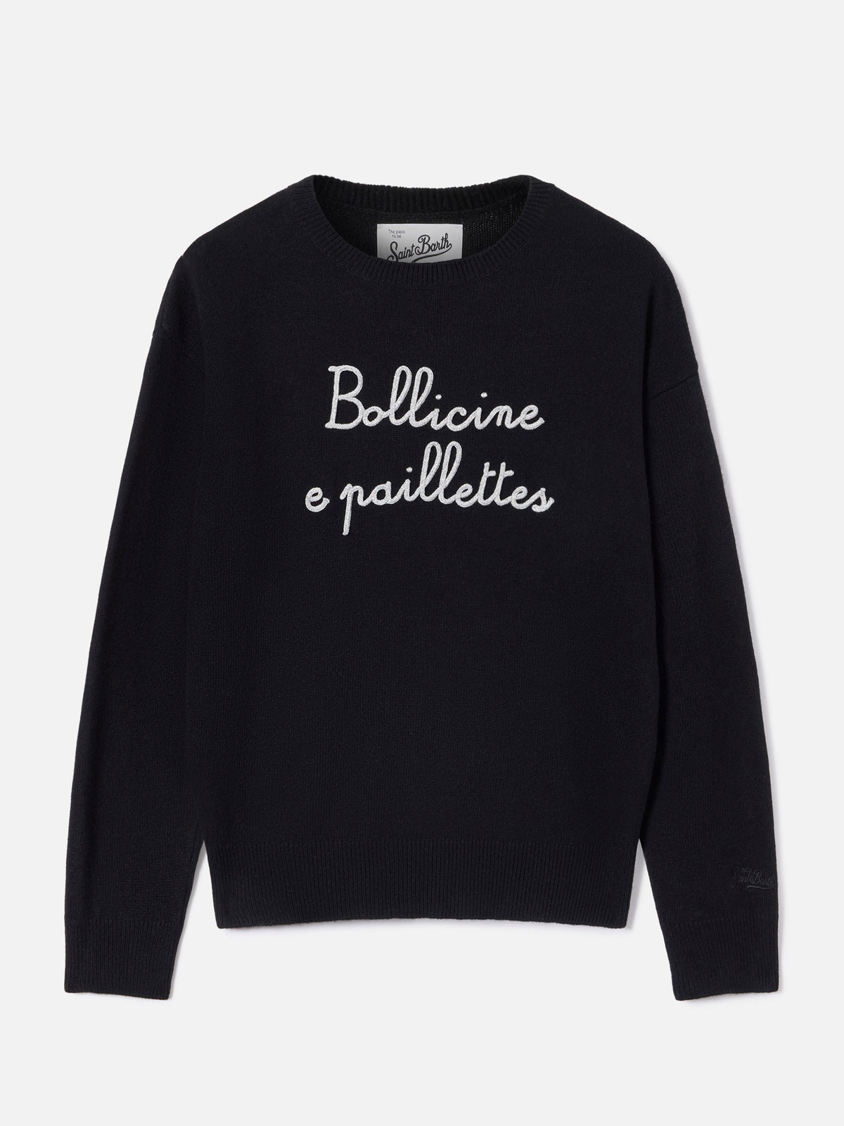 Maglia girocollo Tessa nera in misto lana e cashmere con ricamo Bollicine E Paillettes