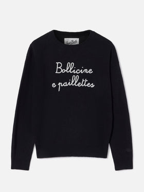Maglia girocollo Tessa nera in misto lana e cashmere con ricamo Bollicine E Paillettes