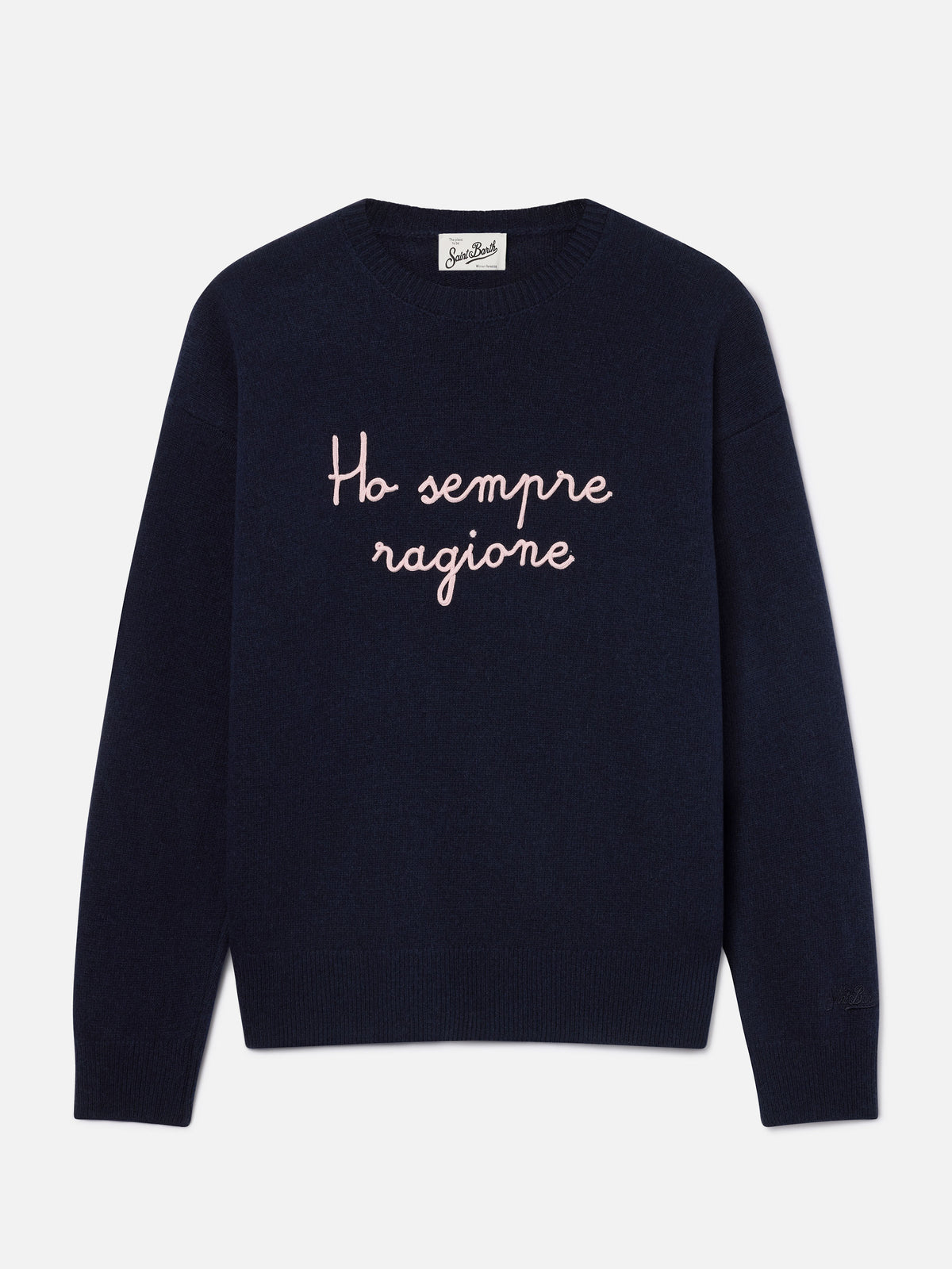 Maglia girocollo Tessa blu navy in misto lana e cashmere con ricamo Ho Sempre Ragione