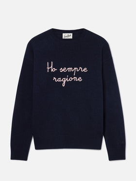 Maglia girocollo Tessa blu navy in misto lana e cashmere con ricamo Ho Sempre Ragione