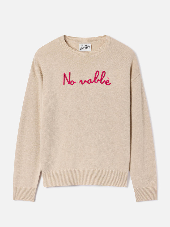 Pull col rond en maille Tessa beige en mélange de laine et cachemire avec broderie No Vabbè 