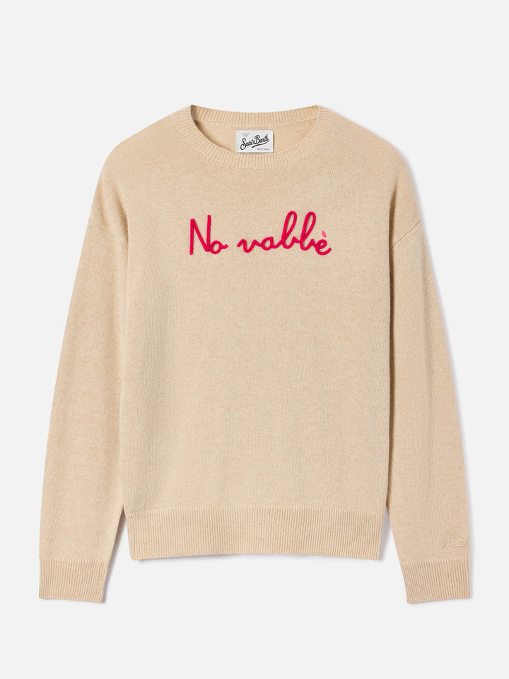 Pull col rond en maille Tessa beige en mélange de laine et cachemire avec broderie No Vabbè 