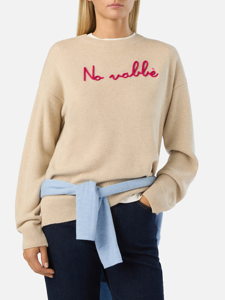 Pull col rond en maille Tessa beige en mélange de laine et cachemire avec broderie No Vabbè 