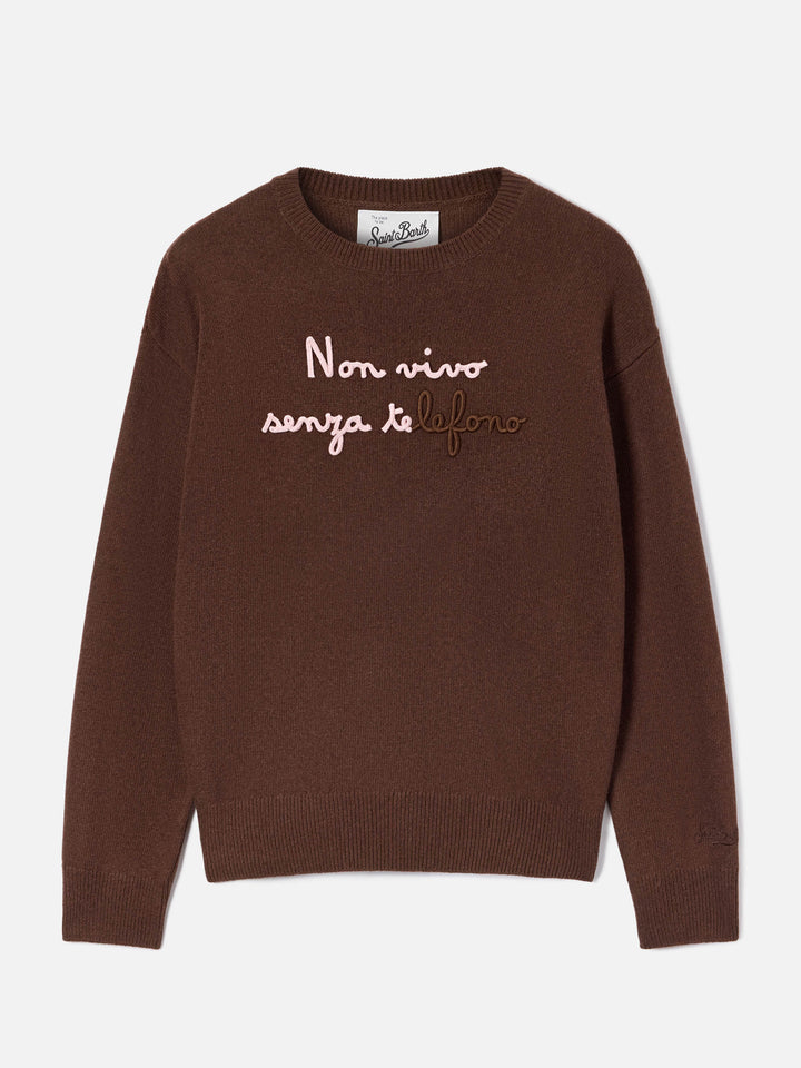 Pull col rond Tessa marron en mélange de laine et cachemire avec broderie Non Vivo Senza Te 