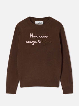 Pull col rond Tessa marron en mélange de laine et cachemire avec broderie Non Vivo Senza Te 