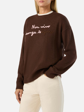 Pull col rond Tessa marron en mélange de laine et cachemire avec broderie Non Vivo Senza Te 