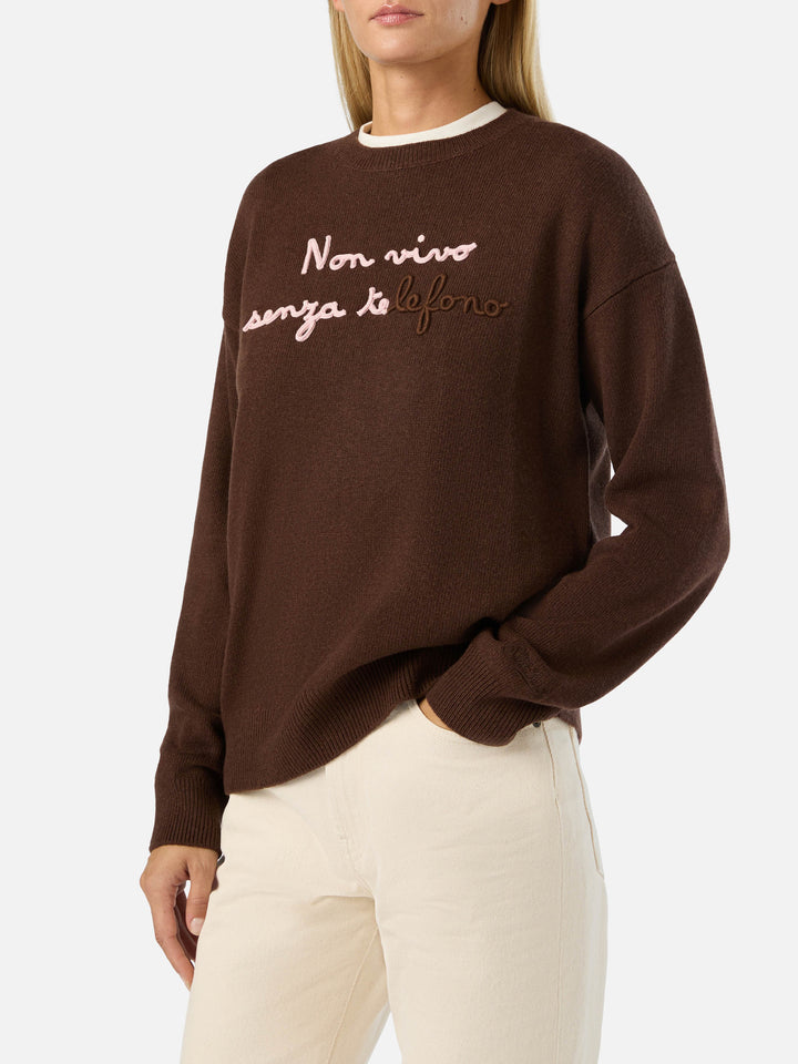 Brown Tessa wool and cashmere blend crewneck knit with Non Vivo Senza Te embroidery