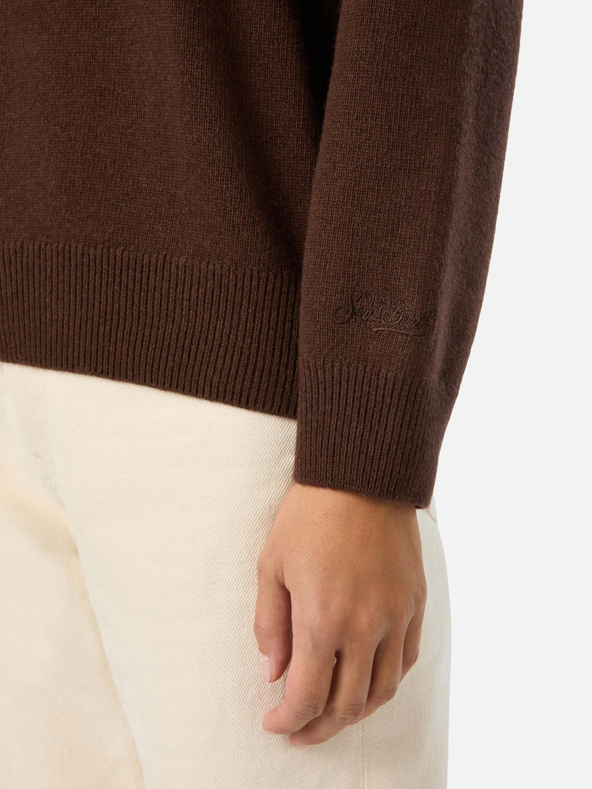 Pull col rond Tessa marron en mélange de laine et cachemire avec broderie Non Vivo Senza Te 
