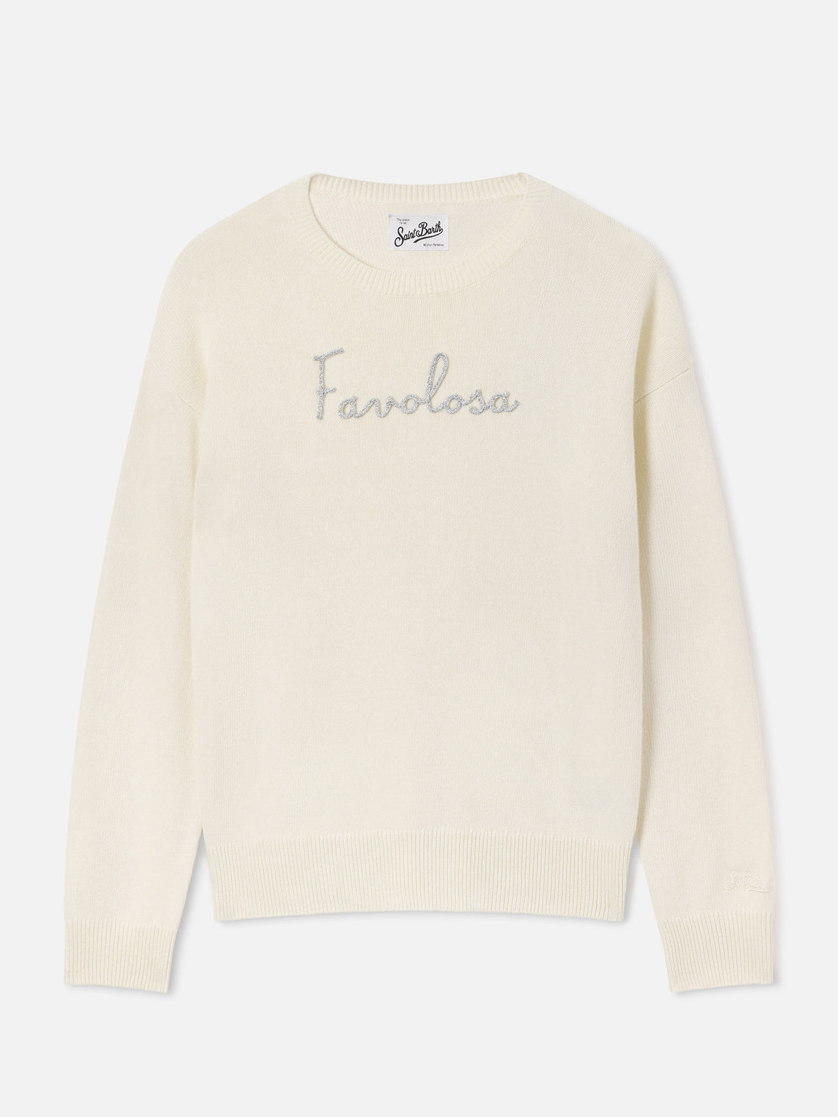 Maglia girocollo Tessa off white in misto lana e cashmere con ricamo Favolosa
