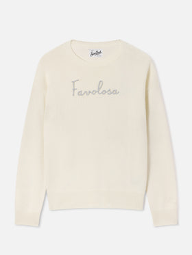 Maglia girocollo Tessa off white in misto lana e cashmere con ricamo Favolosa