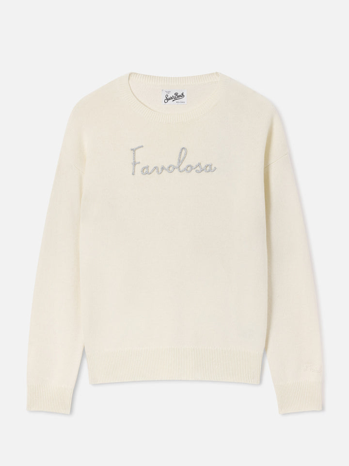 Pull col rond Tessa en mélange de laine et cachemire off white avec broderie Favolosa 