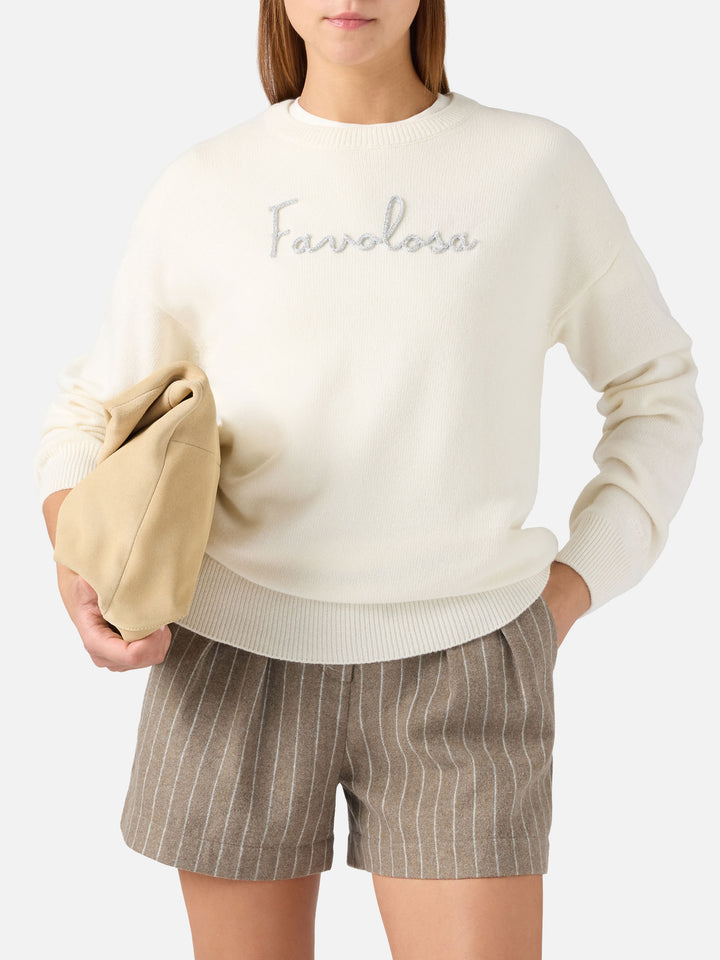 Off white Tessa wool and cashmere blend crewneck knit with Favolosa embroidery