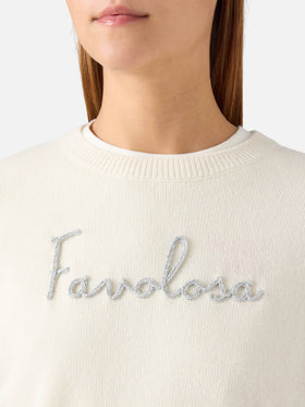 Jersey de cuello redondo Tessa color off white en mezcla de lana y cachemir con bordado Favolosa 