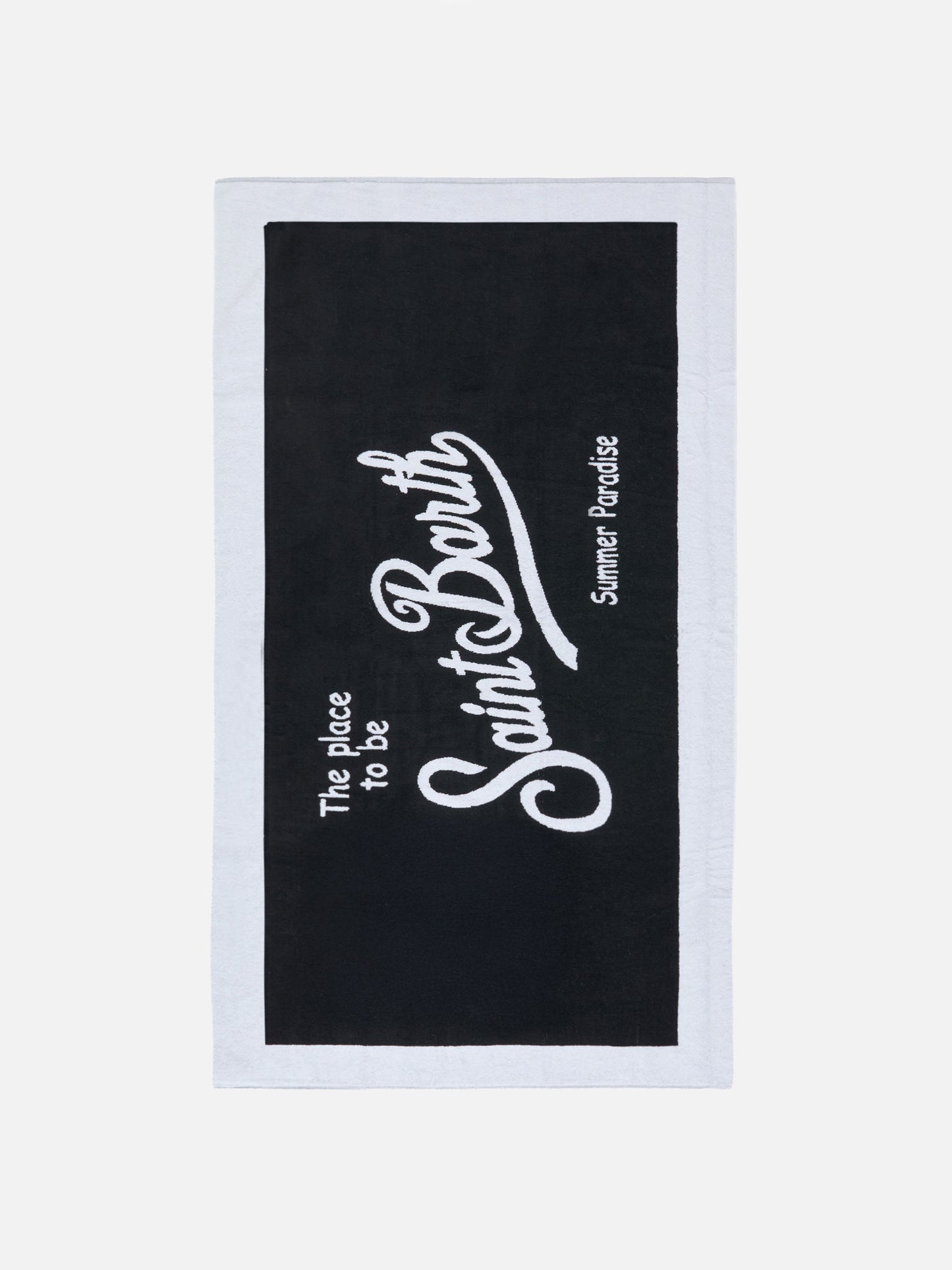 Black terry beach towel with white frame