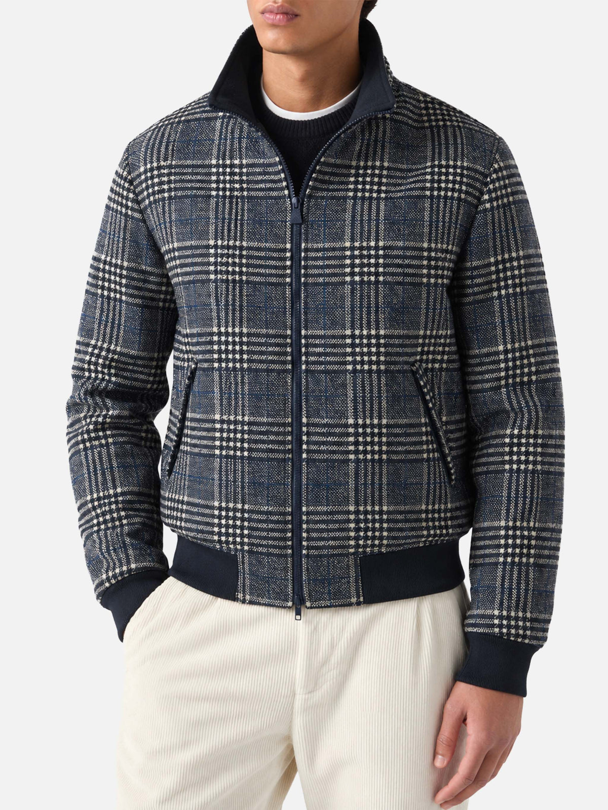 Navy blue Traveler bomber jacket in Prince of Wales check