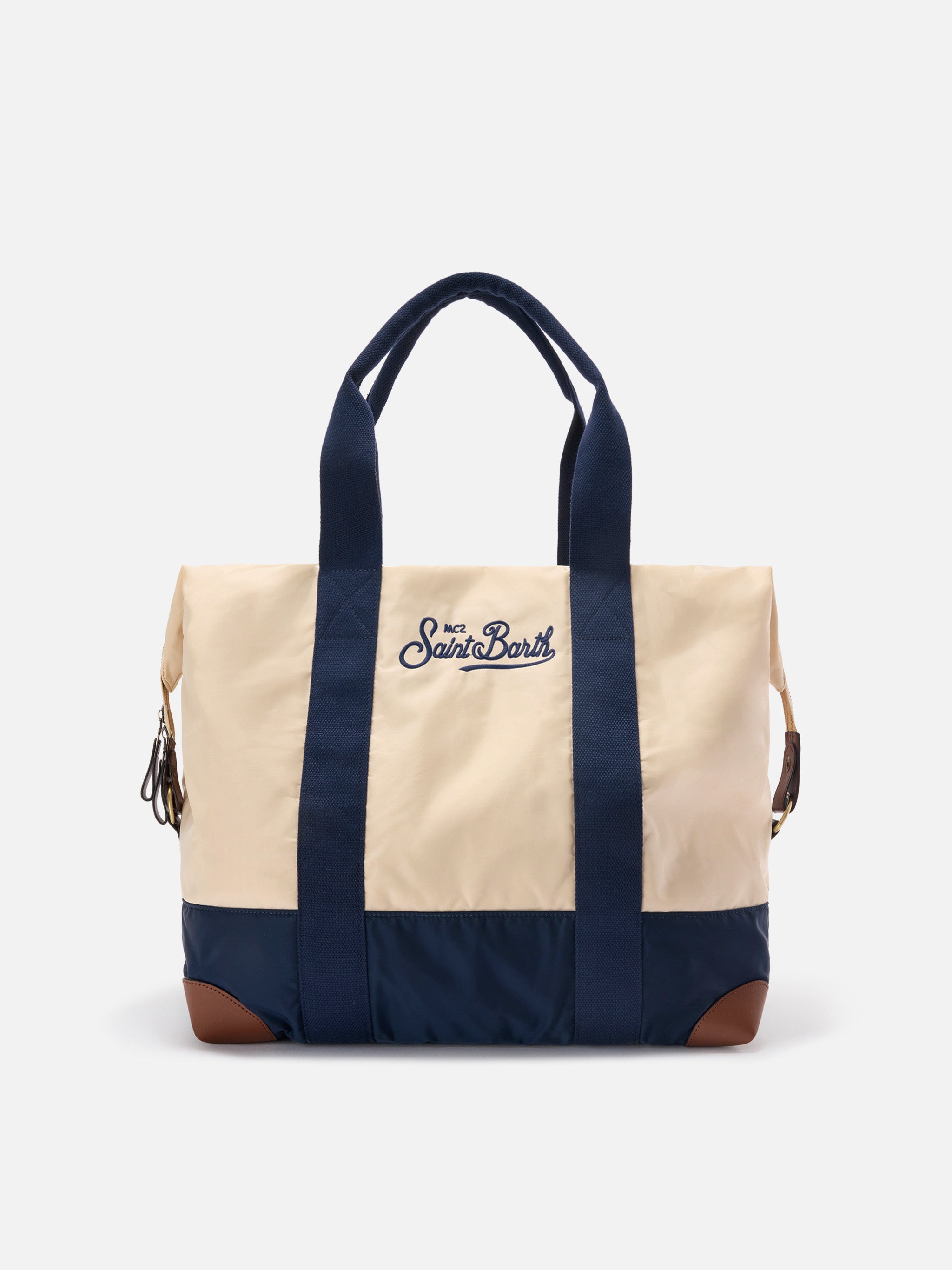 Travel Bag cream and blue nylon weekender with embroidered logo