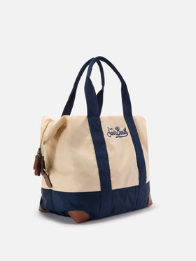 Travel Bag cream and blue nylon weekender with embroidered logo