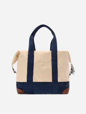 Travel Bag cream and blue nylon weekender with embroidered logo
