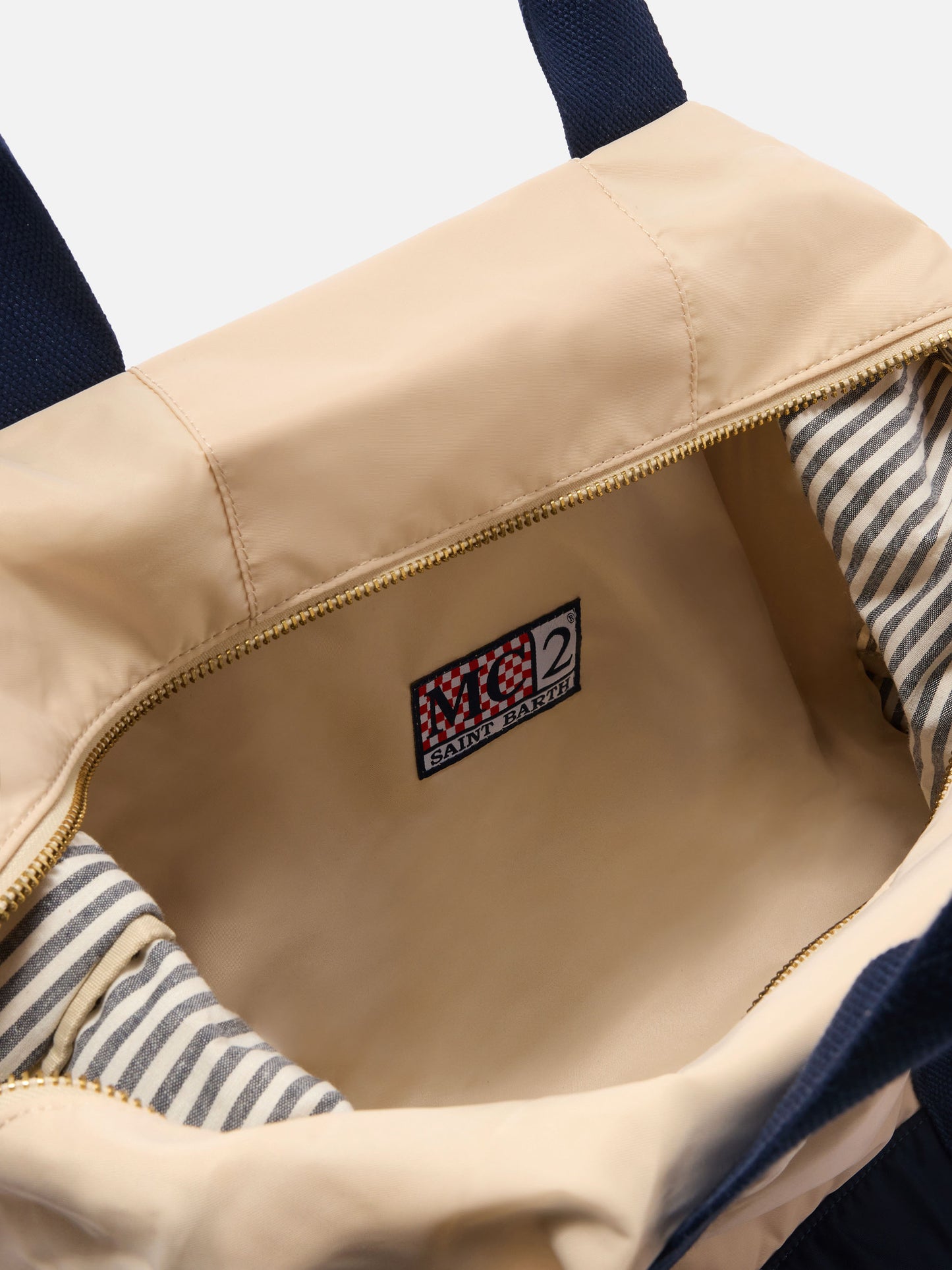 Travel Bag cream and blue nylon weekender with embroidered logo