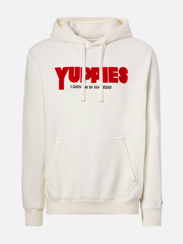 Weißer Tribeca Hoodie aus Baumwolle mit Yuppies-Flockprint | YUPPIES SPECIAL EDITION 