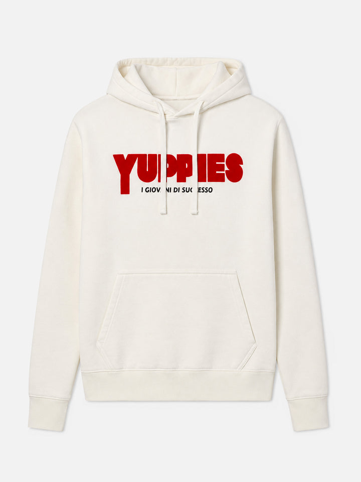 Tribeca cotton hoodie in white with Yuppies flock print | YUPPIES SPECIAL EDITION