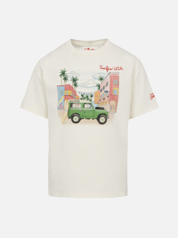 Boy cotton t-shirt with Venice placed print and Surfin USA embroidery