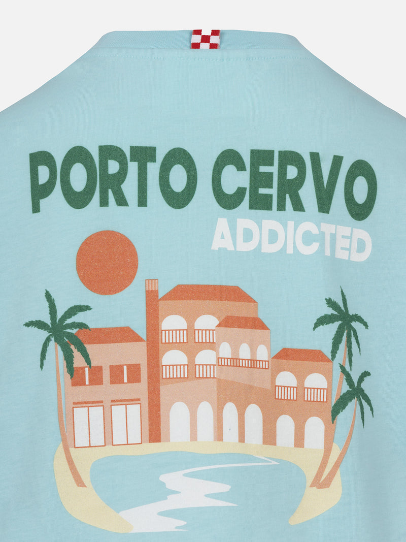 Boy cotton t-shirt with Porto Cervo addicted postcard print