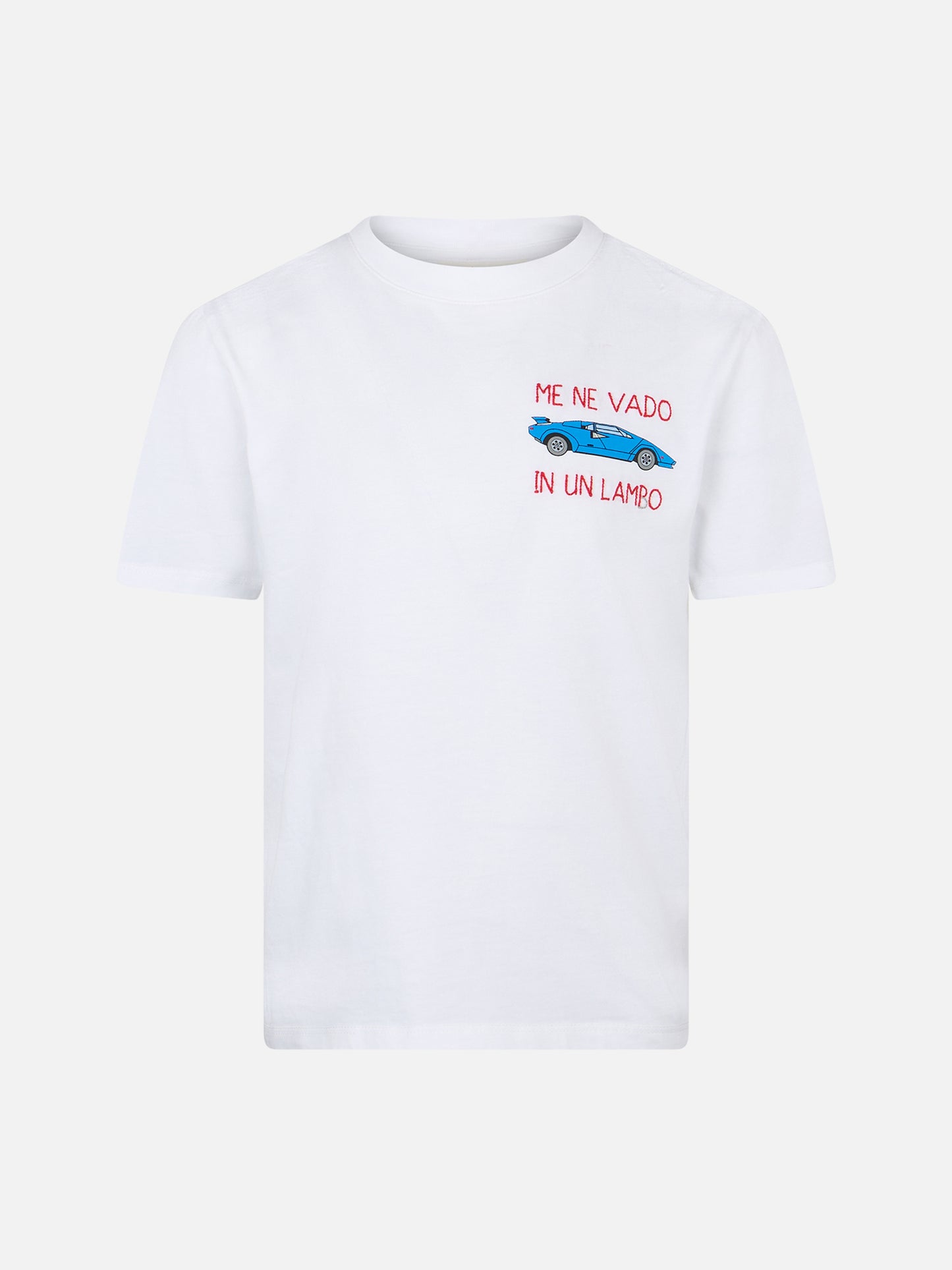 T-shirt in cotone con ricamo Me ne vado In un lambo